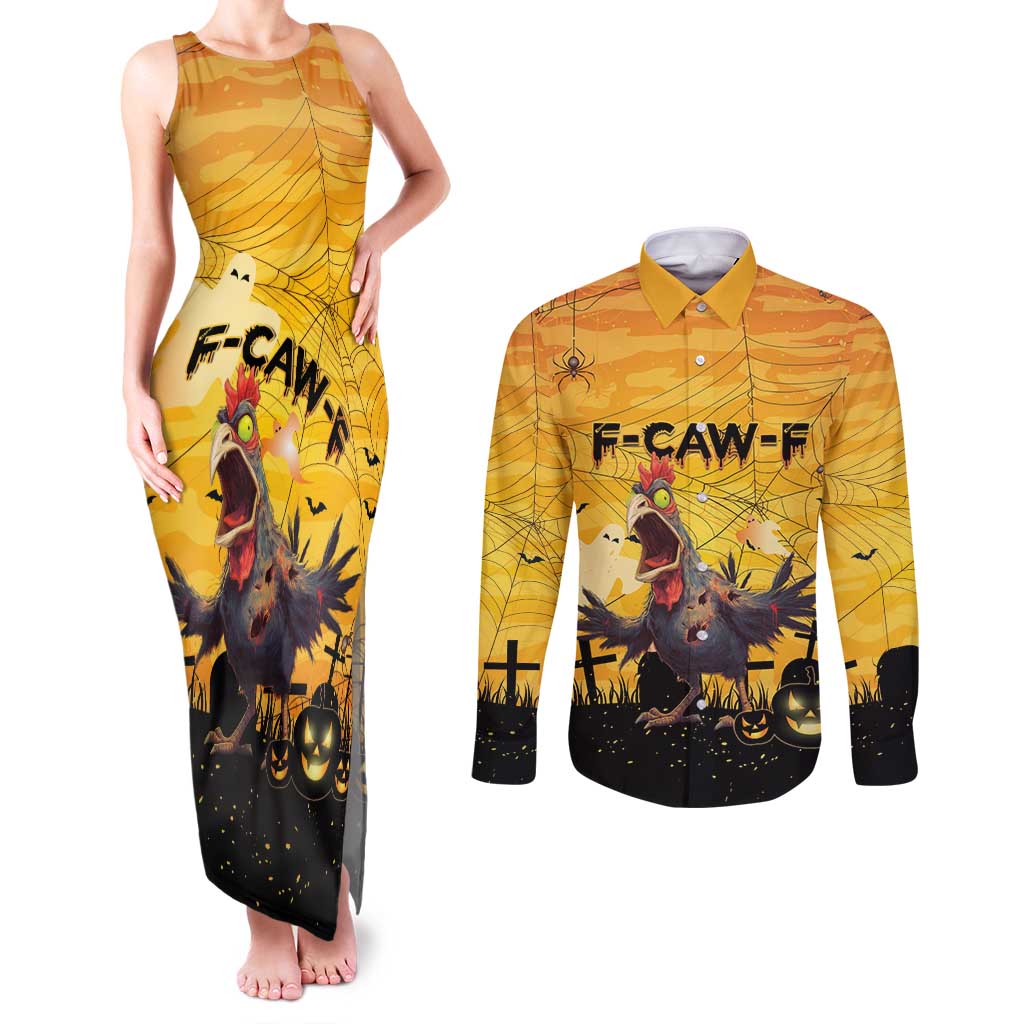 Personalized Funny Halloween Zombie Chicken Couples Matching Tank Maxi Dress and Long Sleeve Button Shirt F’Caw Scary Poultry - Wonder Print Shop