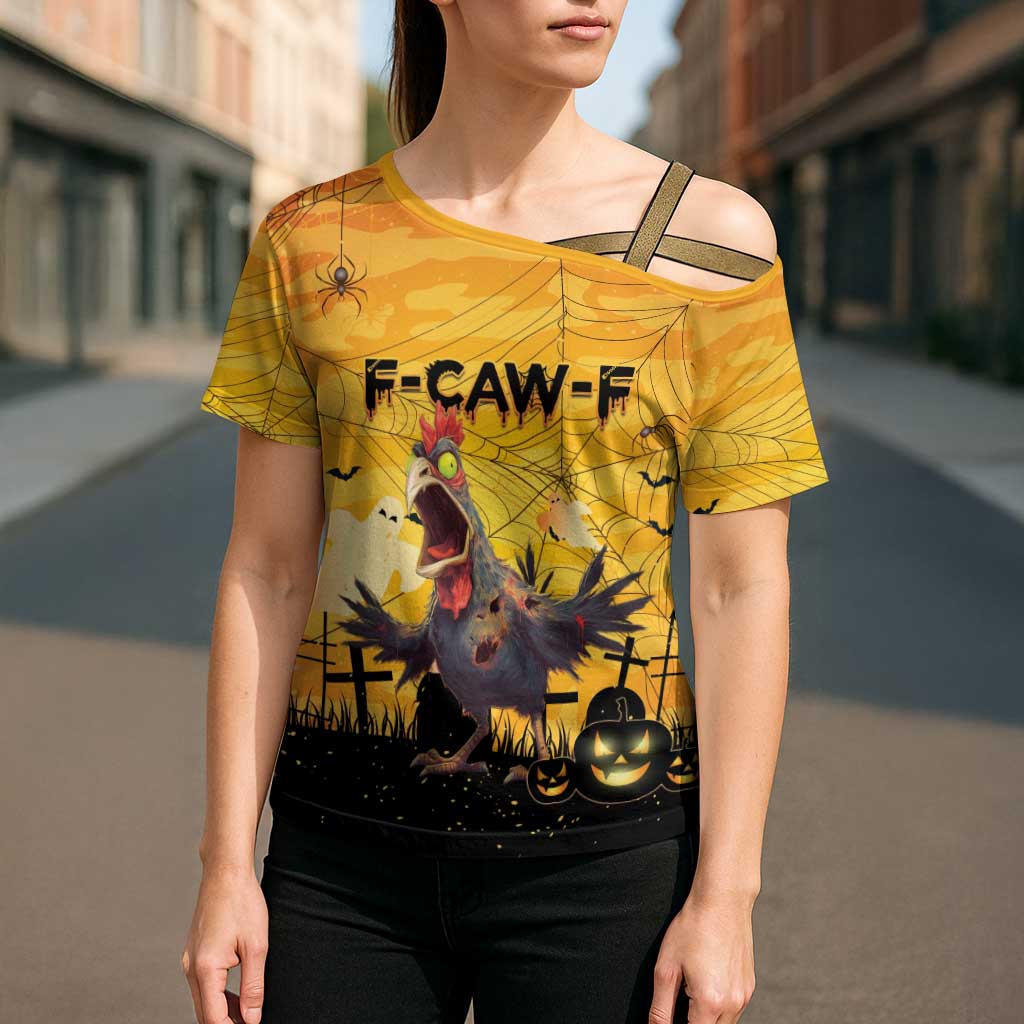 Personalized Funny Halloween Zombie Chicken Cross Shoulder Shirt F’Caw Scary Poultry - Wonder Print Shop