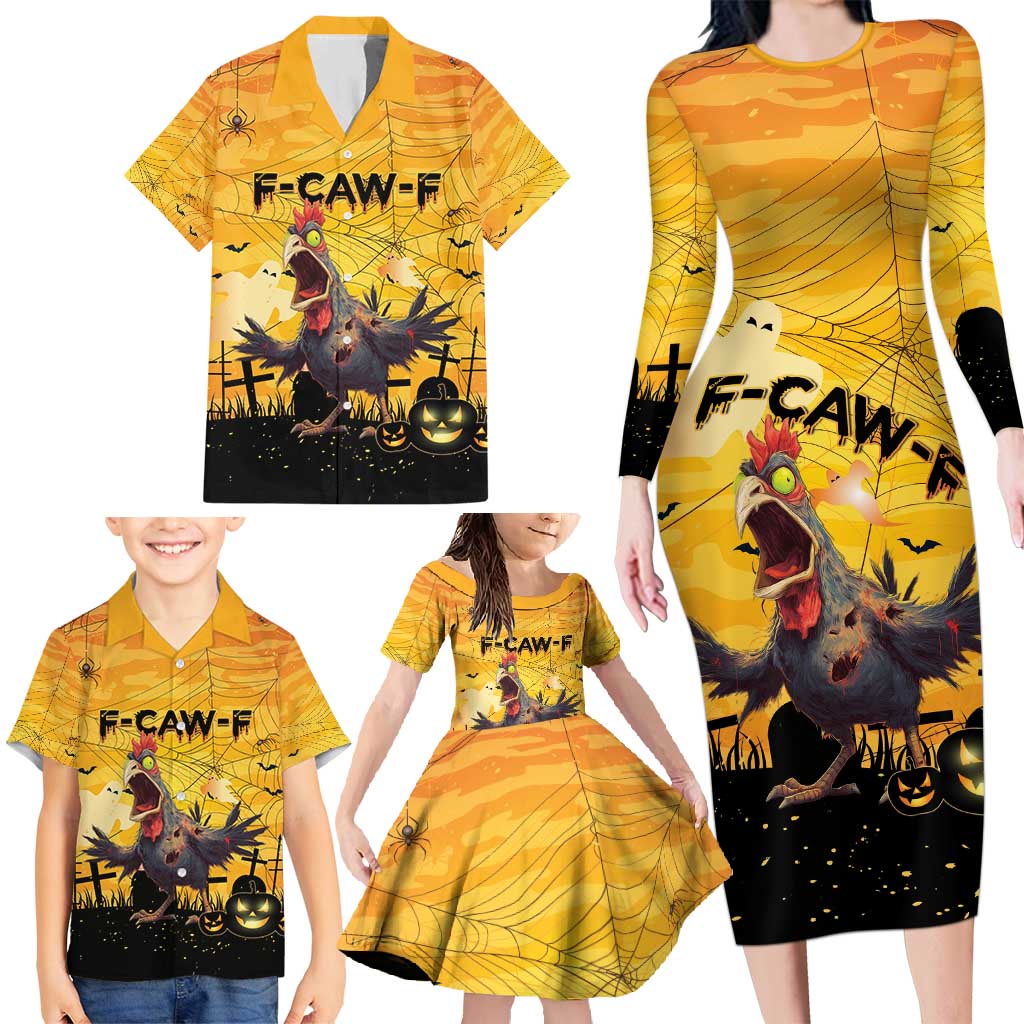 Personalized Funny Halloween Zombie Chicken Family Matching Long Sleeve Bodycon Dress and Hawaiian Shirt F’Caw Scary Poultry - Wonder Print Shop