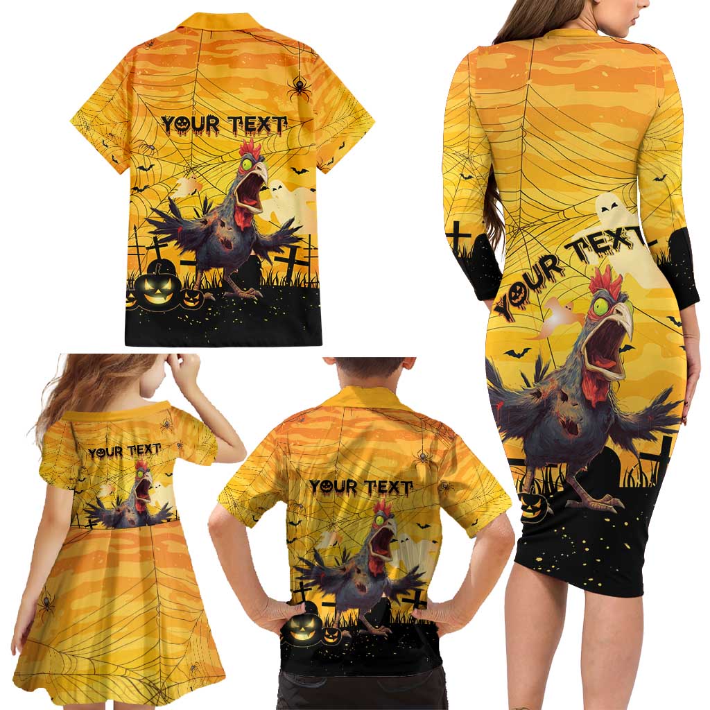 Personalized Funny Halloween Zombie Chicken Family Matching Long Sleeve Bodycon Dress and Hawaiian Shirt F’Caw Scary Poultry - Wonder Print Shop