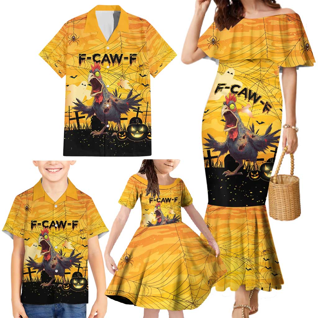 Personalized Funny Halloween Zombie Chicken Family Matching Mermaid Dress and Hawaiian Shirt F’Caw Scary Poultry - Wonder Print Shop