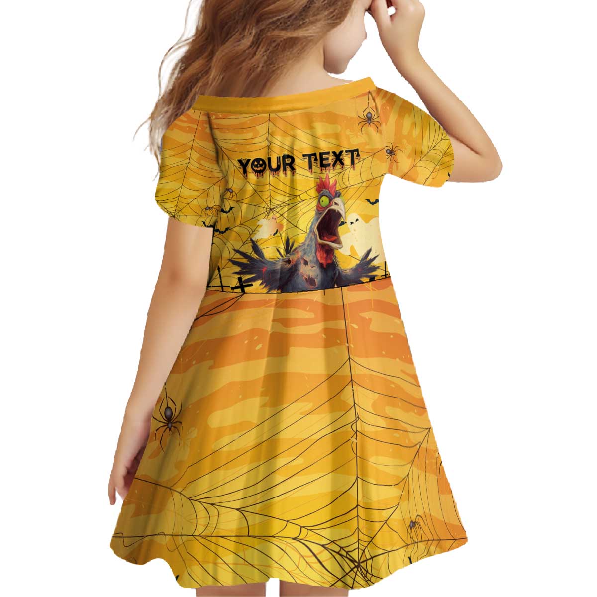 Personalized Funny Halloween Zombie Chicken Family Matching Off The Shoulder Long Sleeve Dress and Hawaiian Shirt F’Caw Scary Poultry - Wonder Print Shop