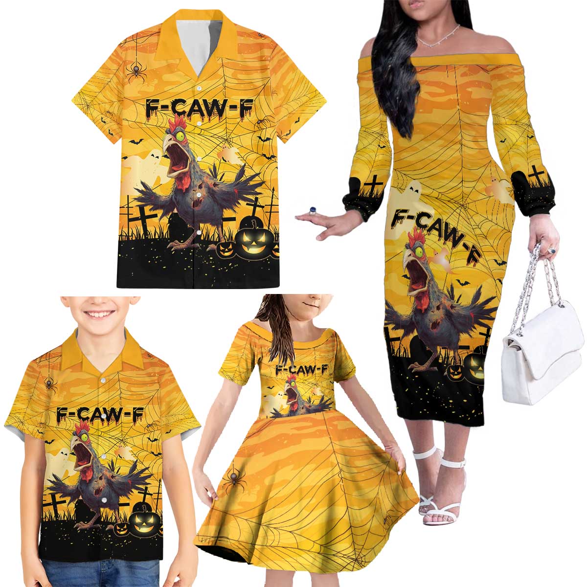 Personalized Funny Halloween Zombie Chicken Family Matching Off The Shoulder Long Sleeve Dress and Hawaiian Shirt F’Caw Scary Poultry - Wonder Print Shop