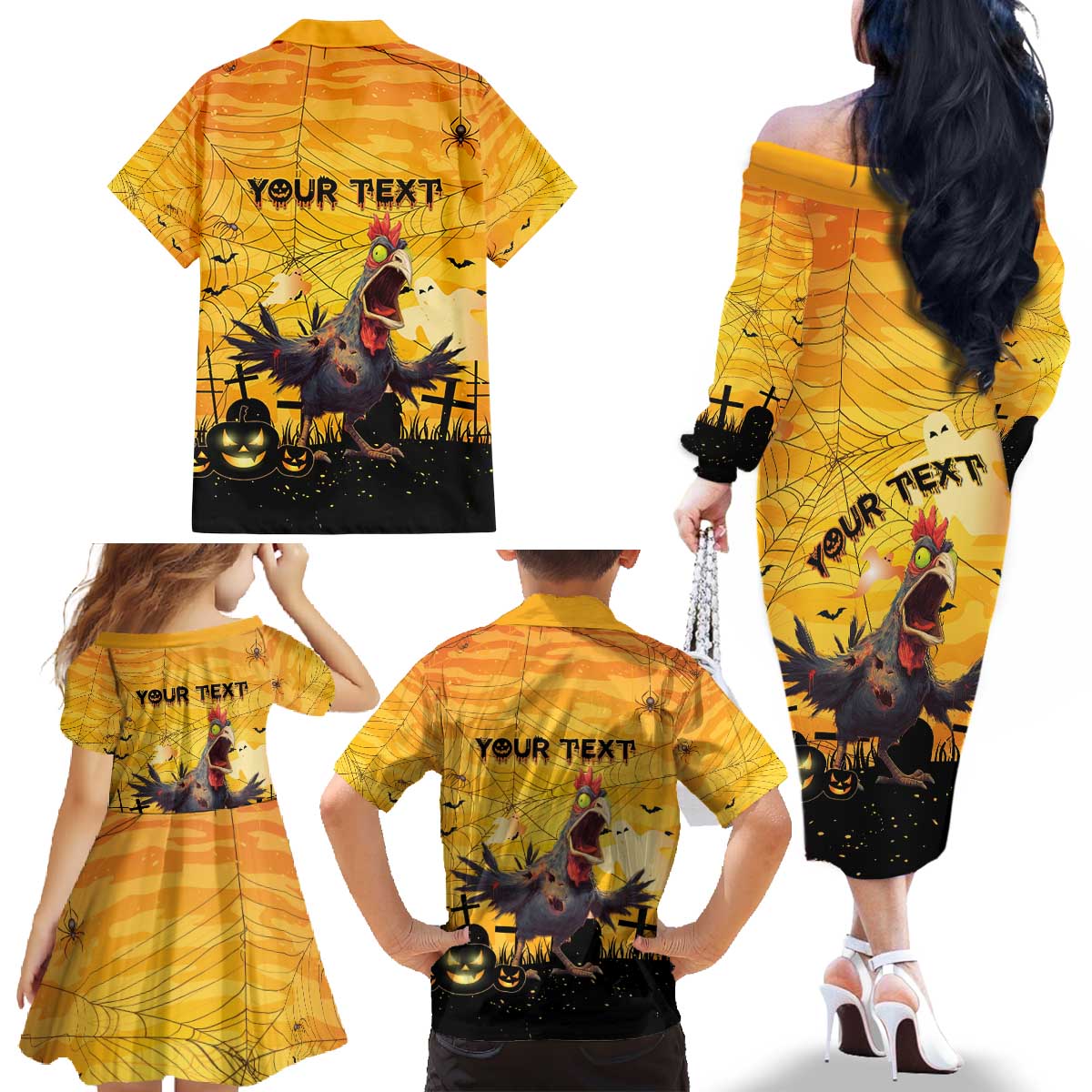 Personalized Funny Halloween Zombie Chicken Family Matching Off The Shoulder Long Sleeve Dress and Hawaiian Shirt F’Caw Scary Poultry - Wonder Print Shop
