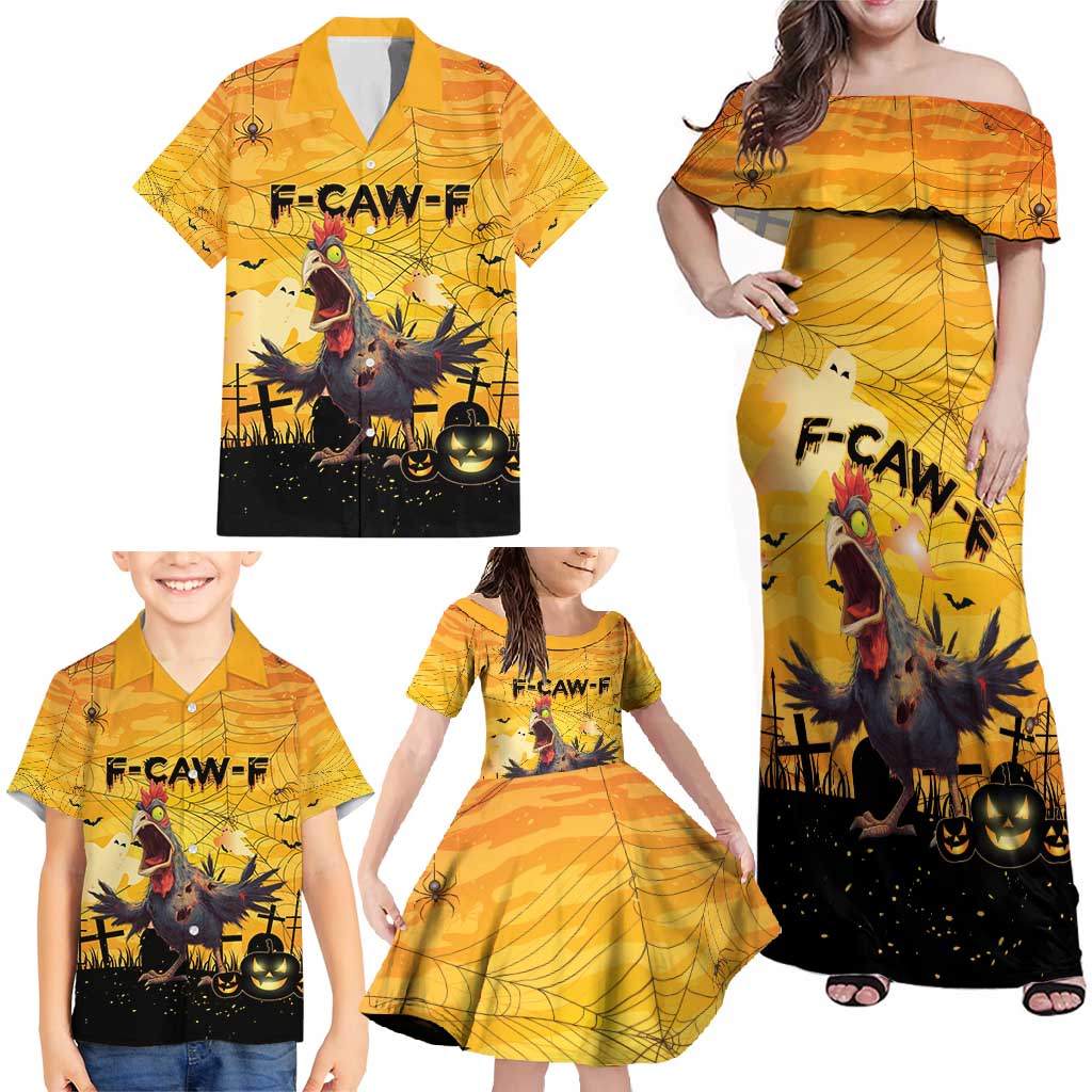 Personalized Funny Halloween Zombie Chicken Family Matching Off Shoulder Maxi Dress and Hawaiian Shirt F’Caw Scary Poultry - Wonder Print Shop