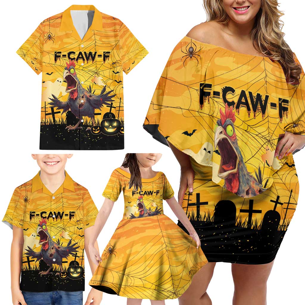 Personalized Funny Halloween Zombie Chicken Family Matching Off Shoulder Short Dress and Hawaiian Shirt F’Caw Scary Poultry - Wonder Print Shop