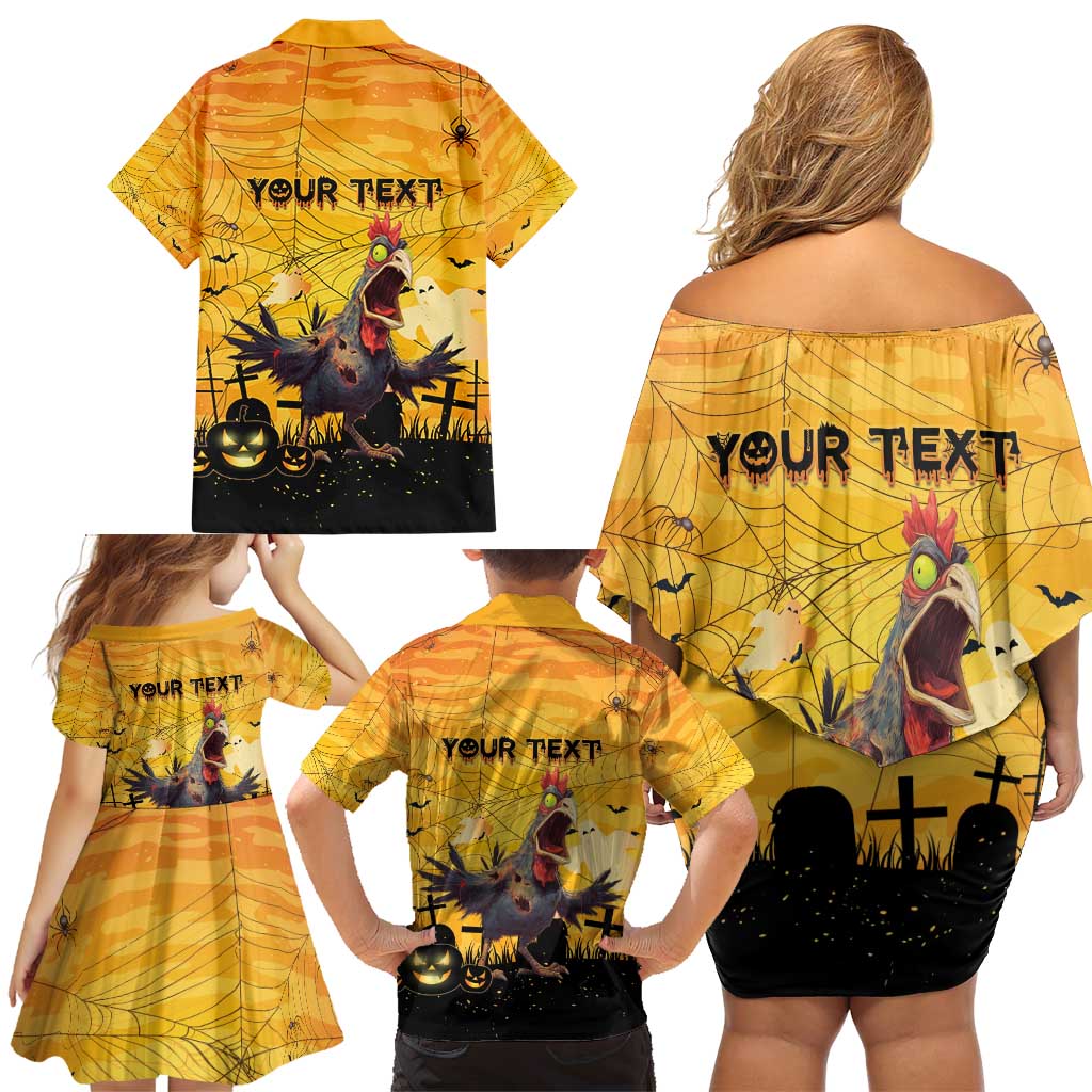 Personalized Funny Halloween Zombie Chicken Family Matching Off Shoulder Short Dress and Hawaiian Shirt F’Caw Scary Poultry - Wonder Print Shop