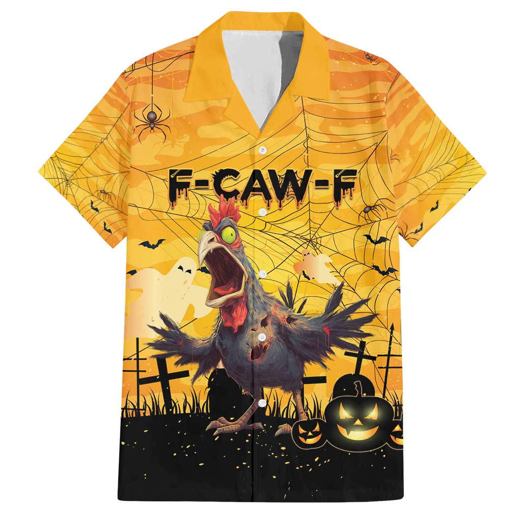 Personalized Funny Halloween Zombie Chicken Family Matching Off Shoulder Short Dress and Hawaiian Shirt F’Caw Scary Poultry - Wonder Print Shop