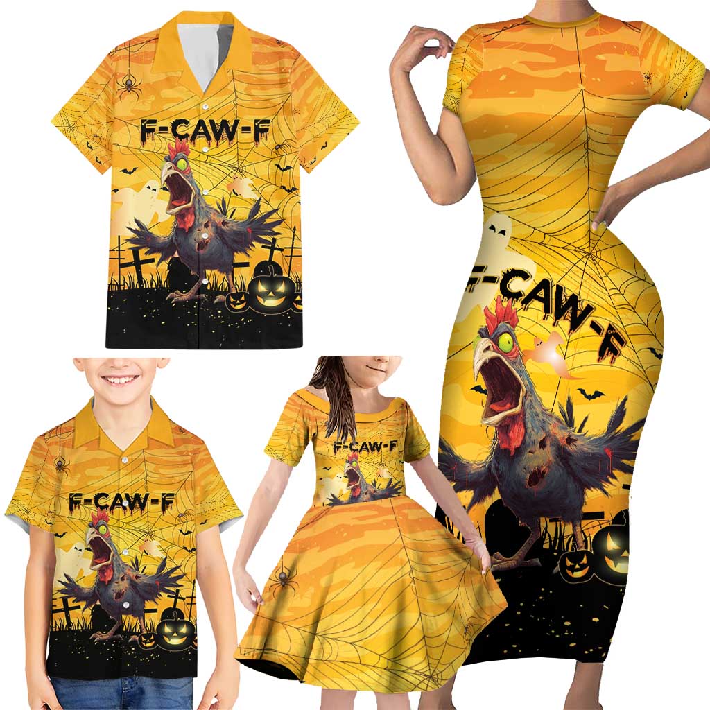 Personalized Funny Halloween Zombie Chicken Family Matching Short Sleeve Bodycon Dress and Hawaiian Shirt F’Caw Scary Poultry - Wonder Print Shop