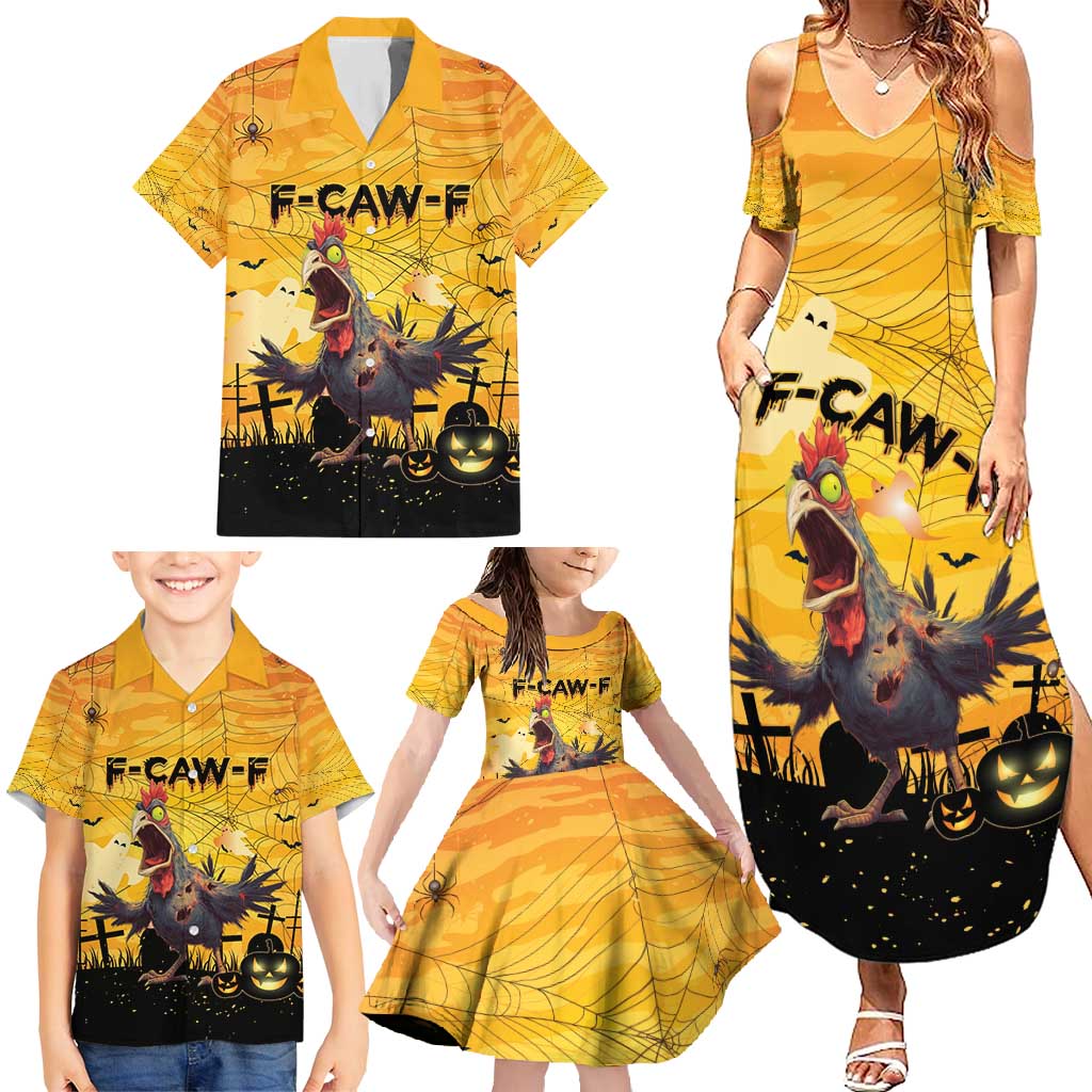 Personalized Funny Halloween Zombie Chicken Family Matching Summer Maxi Dress and Hawaiian Shirt F’Caw Scary Poultry - Wonder Print Shop