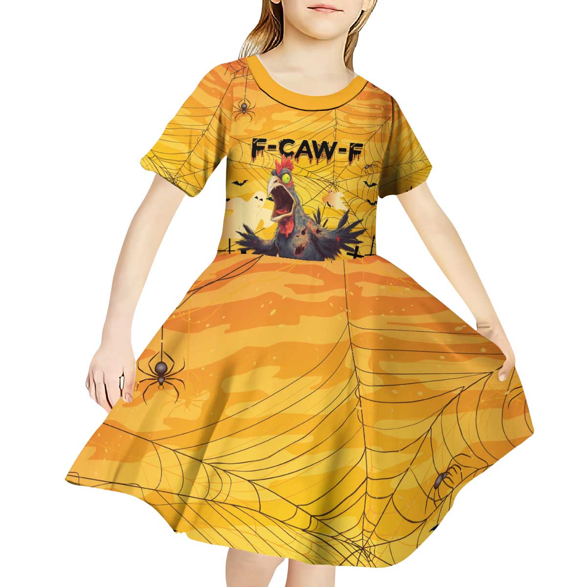 Personalized Funny Halloween Zombie Chicken Kid Short Sleeve Dress F’Caw Scary Poultry - Wonder Print Shop