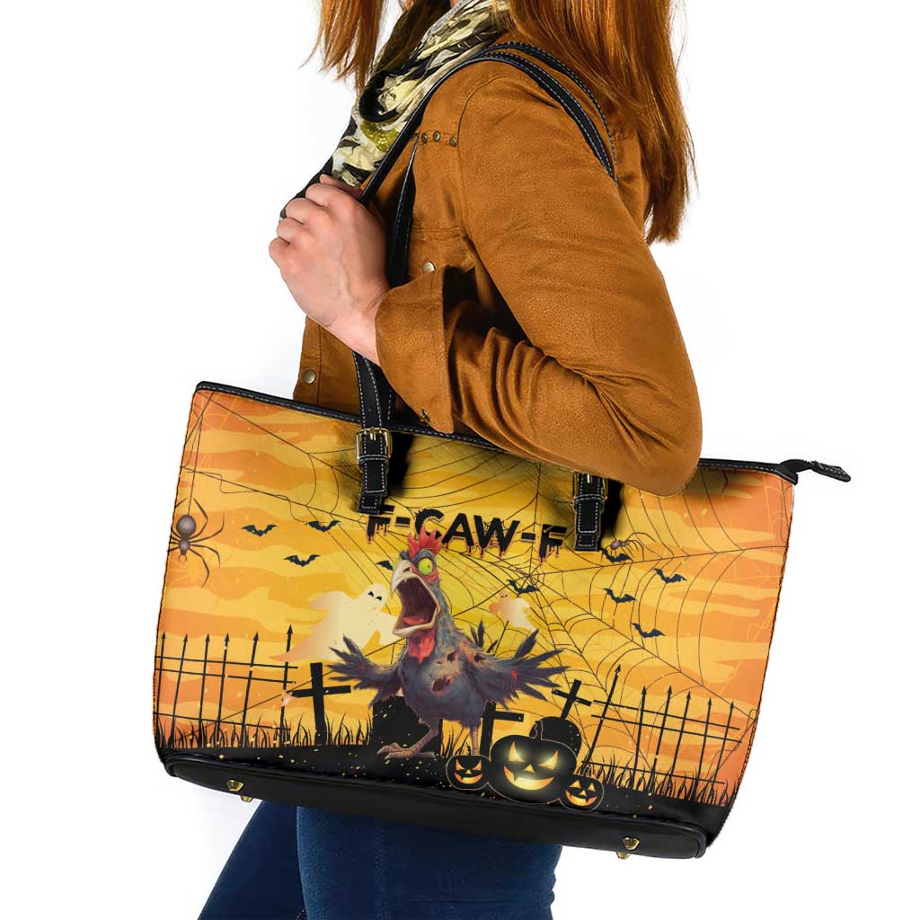 Funny Halloween Zombie Chicken Leather Tote Bag F’Caw Scary Poultry - Wonder Print Shop