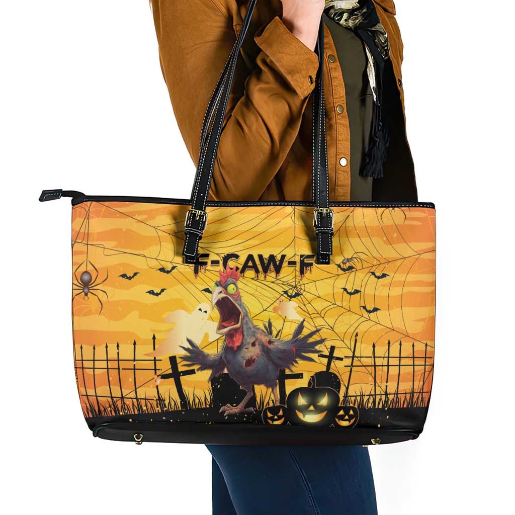 Funny Halloween Zombie Chicken Leather Tote Bag F’Caw Scary Poultry - Wonder Print Shop