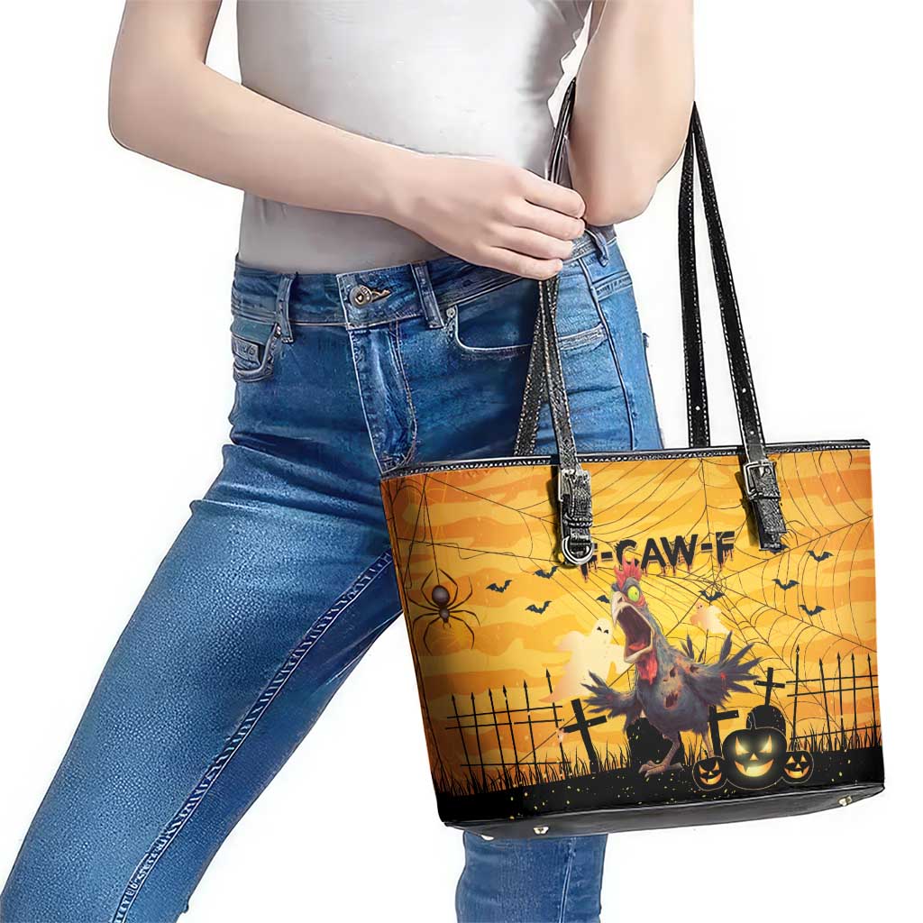 Funny Halloween Zombie Chicken Leather Tote Bag F’Caw Scary Poultry - Wonder Print Shop
