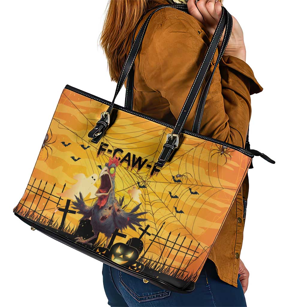Funny Halloween Zombie Chicken Leather Tote Bag F’Caw Scary Poultry - Wonder Print Shop