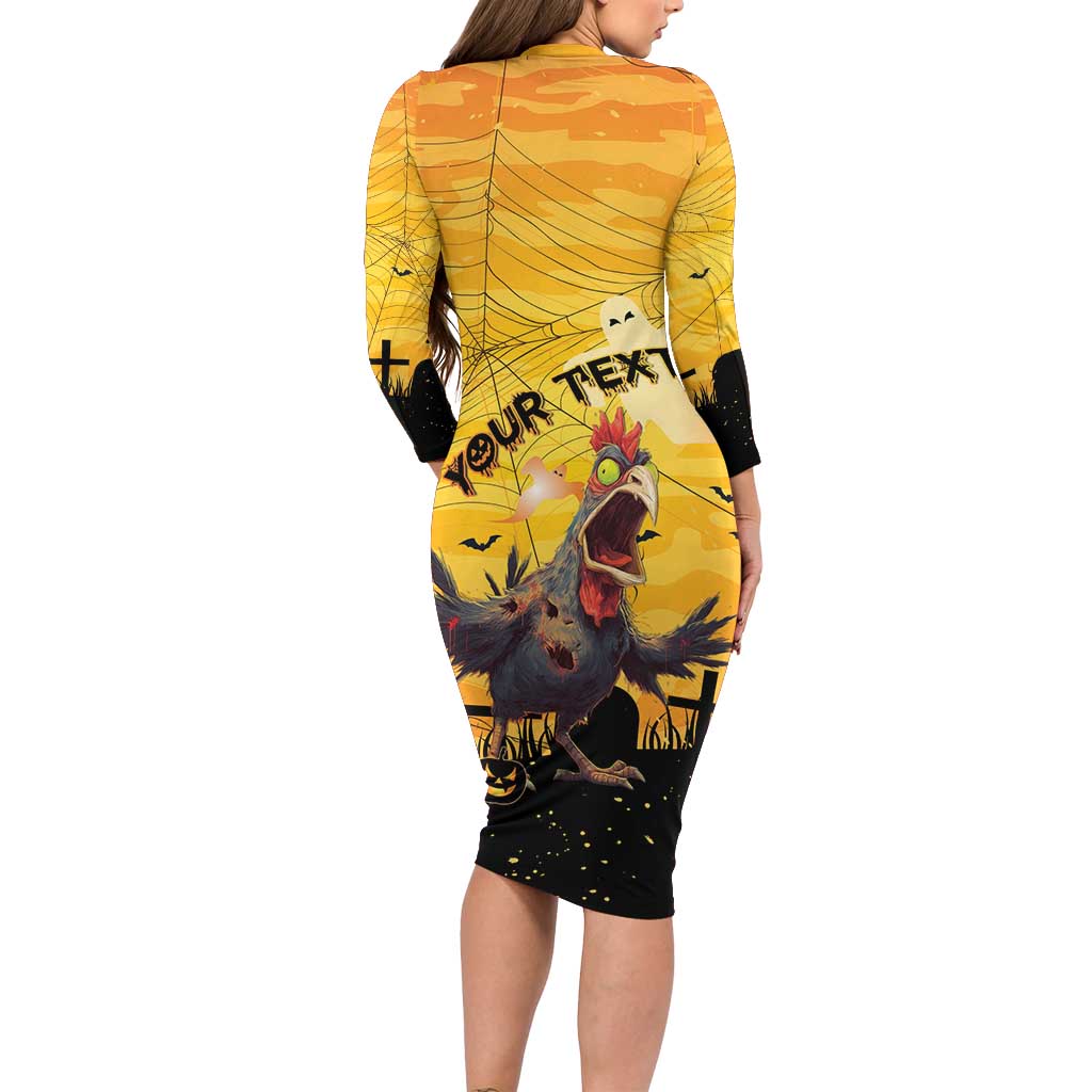 Personalized Funny Halloween Zombie Chicken Long Sleeve Bodycon Dress F’Caw Scary Poultry - Wonder Print Shop