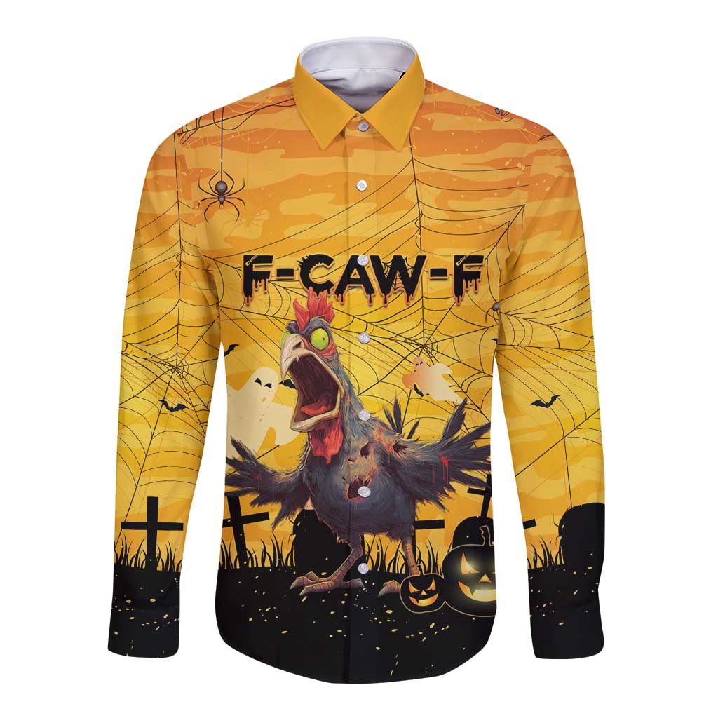 Personalized Funny Halloween Zombie Chicken Long Sleeve Button Shirt F’Caw Scary Poultry - Wonder Print Shop