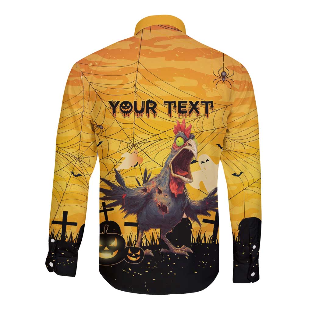 Personalized Funny Halloween Zombie Chicken Long Sleeve Button Shirt F’Caw Scary Poultry - Wonder Print Shop