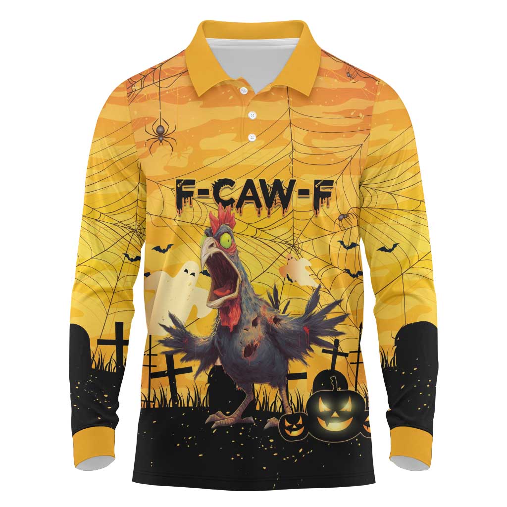 Personalized Funny Halloween Zombie Chicken Long Sleeve Polo Shirt F’Caw Scary Poultry - Wonder Print Shop