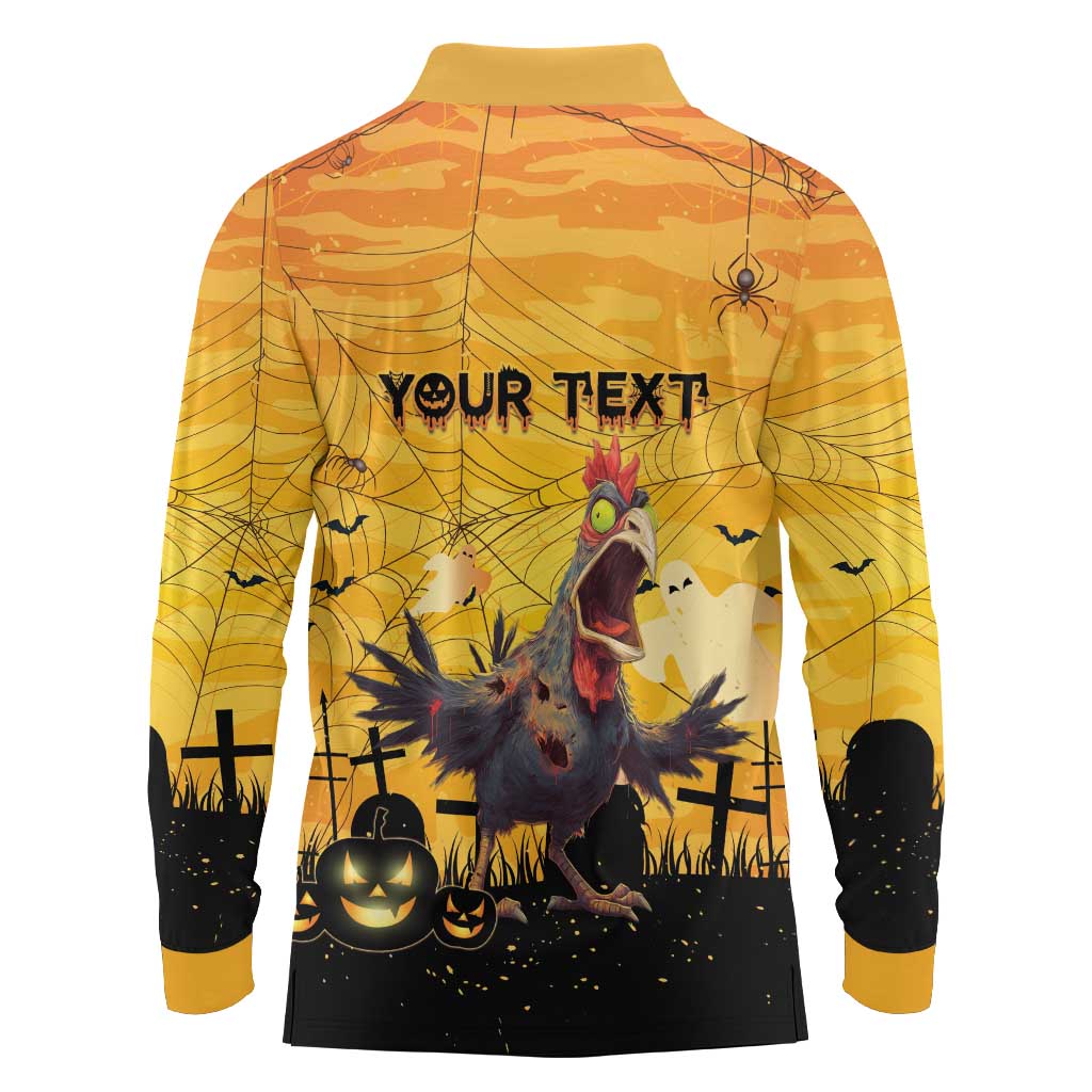 Personalized Funny Halloween Zombie Chicken Long Sleeve Polo Shirt F’Caw Scary Poultry - Wonder Print Shop