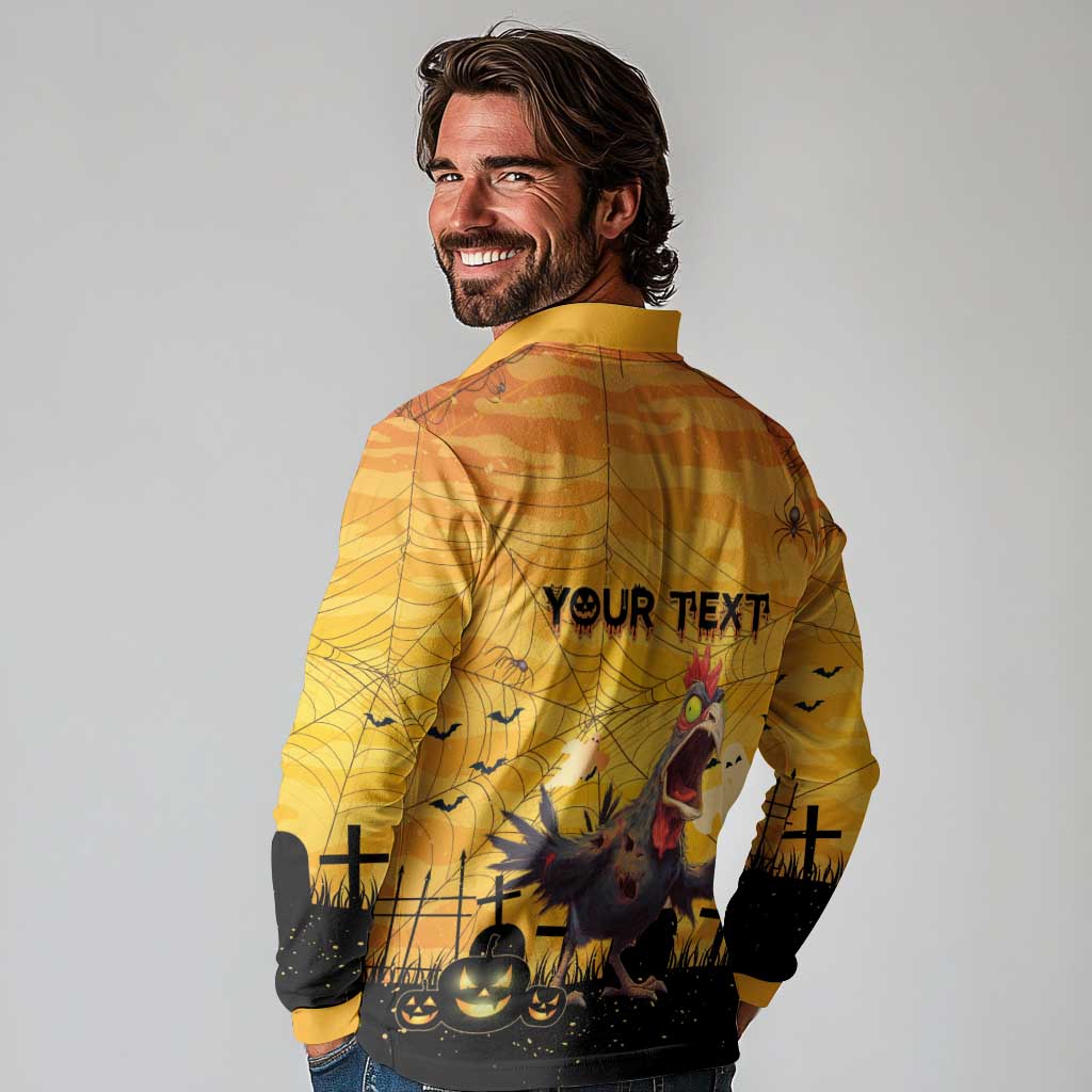 Personalized Funny Halloween Zombie Chicken Long Sleeve Polo Shirt F’Caw Scary Poultry - Wonder Print Shop