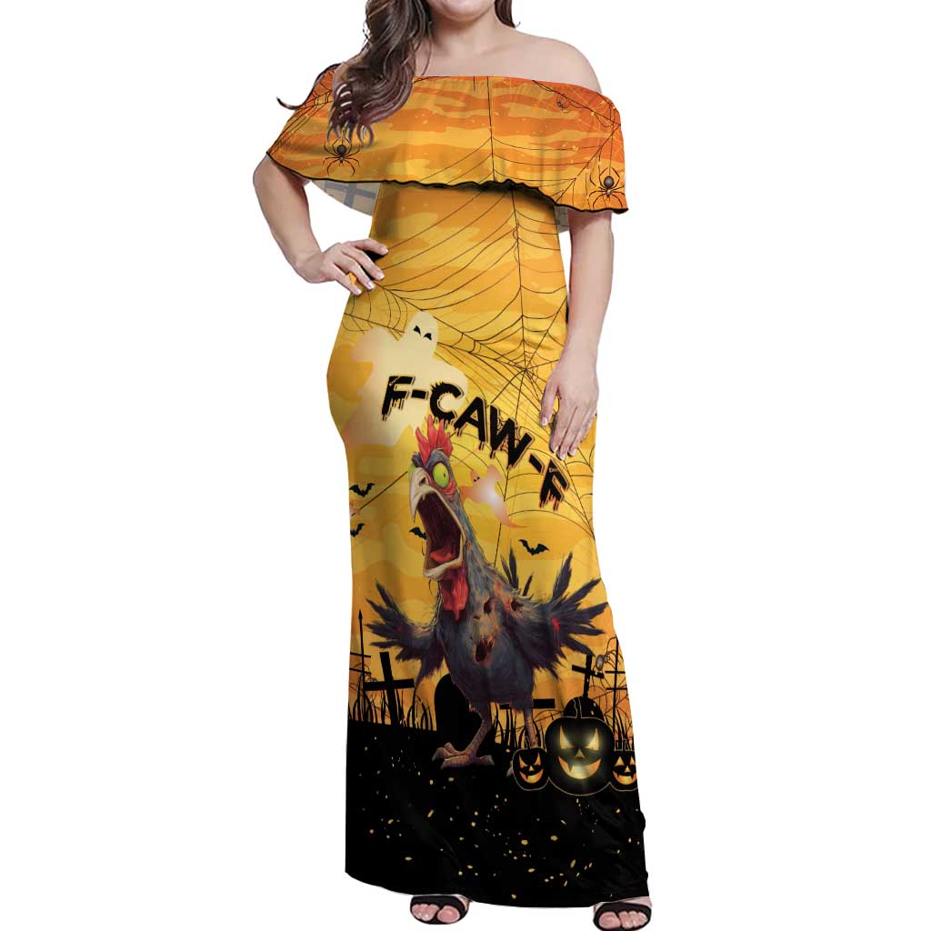 Personalized Funny Halloween Zombie Chicken Off Shoulder Maxi Dress F’Caw Scary Poultry - Wonder Print Shop