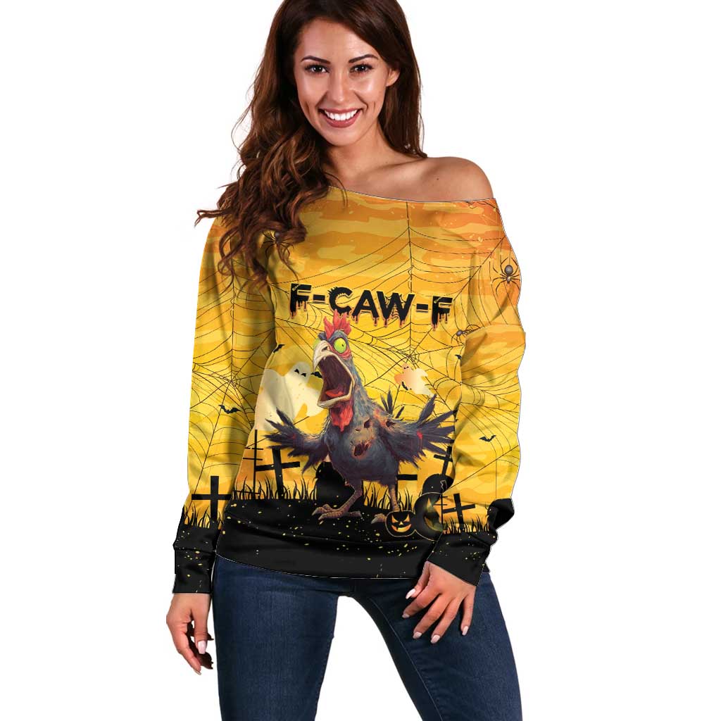 Personalized Funny Halloween Zombie Chicken Off Shoulder Sweater F’Caw Scary Poultry - Wonder Print Shop
