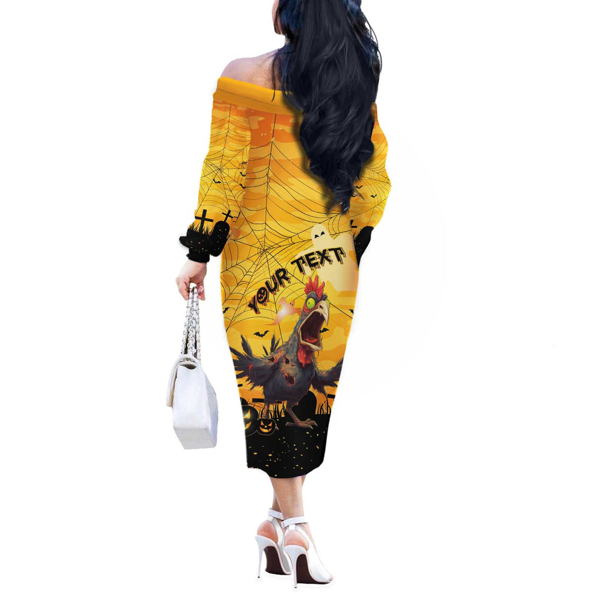 Personalized Funny Halloween Zombie Chicken Off The Shoulder Long Sleeve Dress F’Caw Scary Poultry - Wonder Print Shop