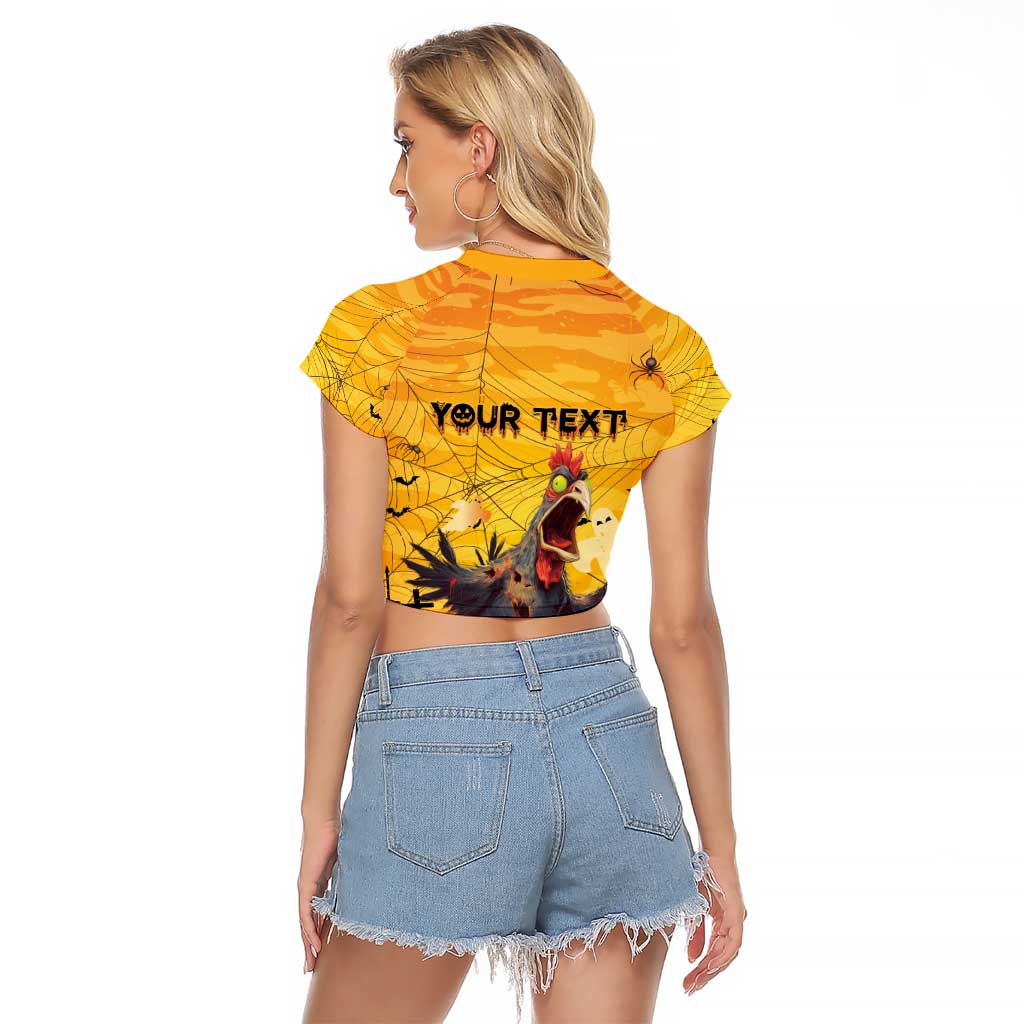 Personalized Funny Halloween Zombie Chicken Raglan Cropped T Shirt F’Caw Scary Poultry - Wonder Print Shop