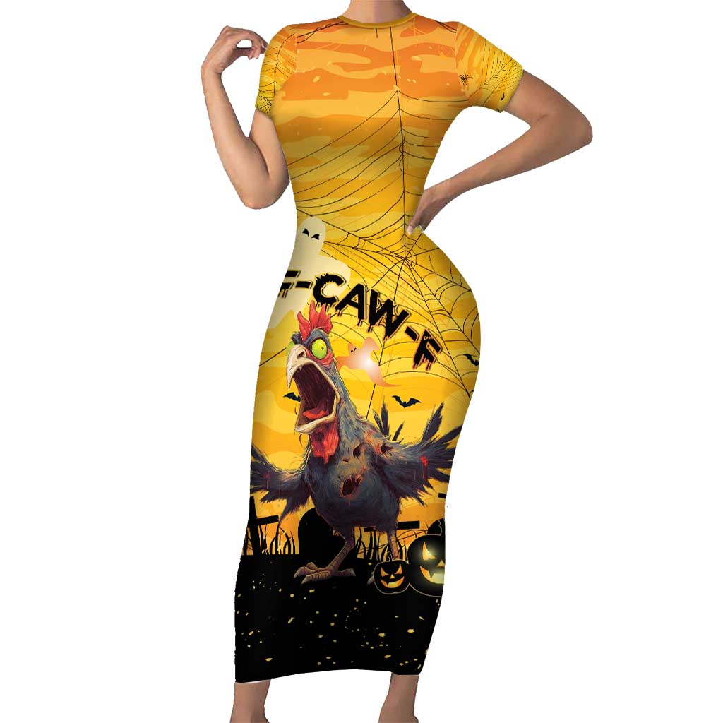 Personalized Funny Halloween Zombie Chicken Short Sleeve Bodycon Dress F’Caw Scary Poultry - Wonder Print Shop