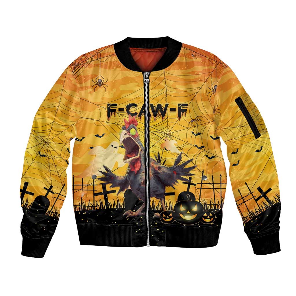 Personalized Funny Halloween Zombie Chicken Sleeve Zip Bomber Jacket F’Caw Scary Poultry - Wonder Print Shop