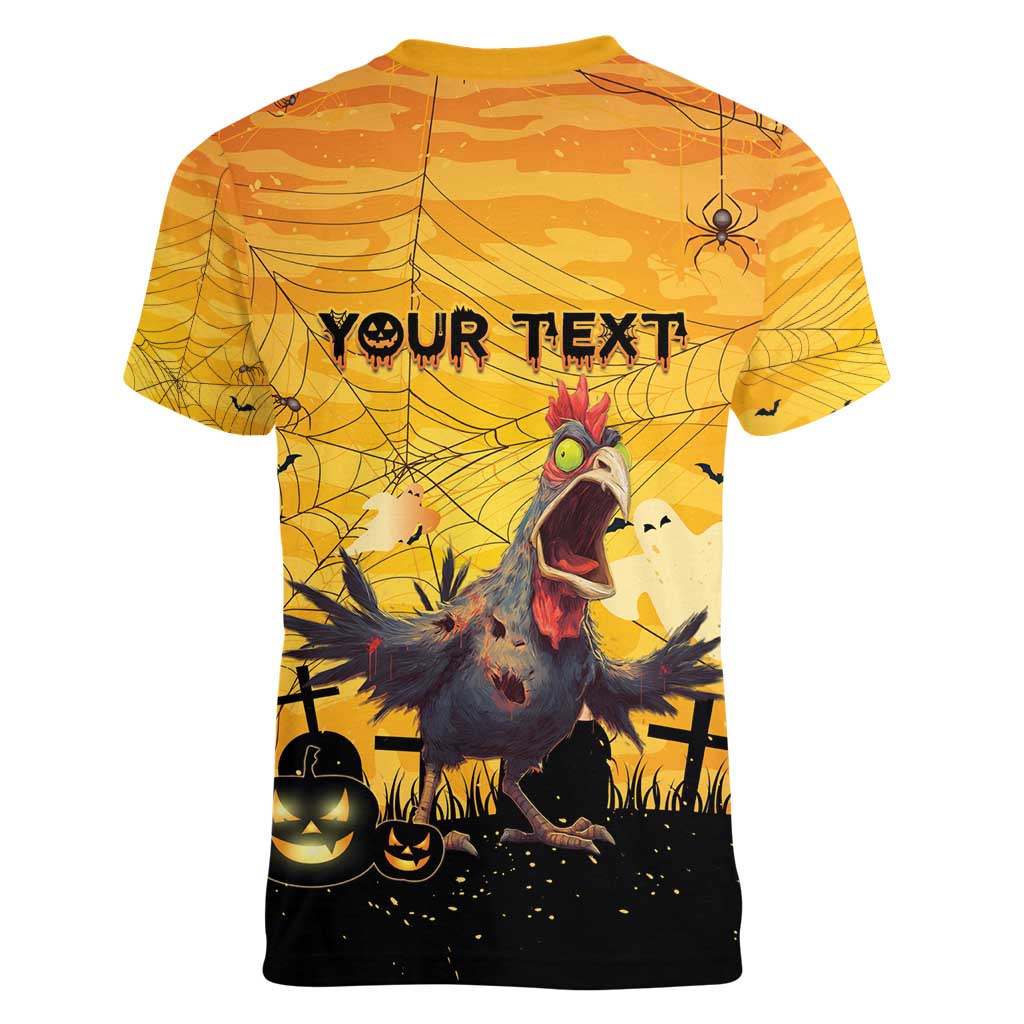 Personalized Funny Halloween Zombie Chicken Women V-Neck T-Shirt F’Caw Scary Poultry - Wonder Print Shop