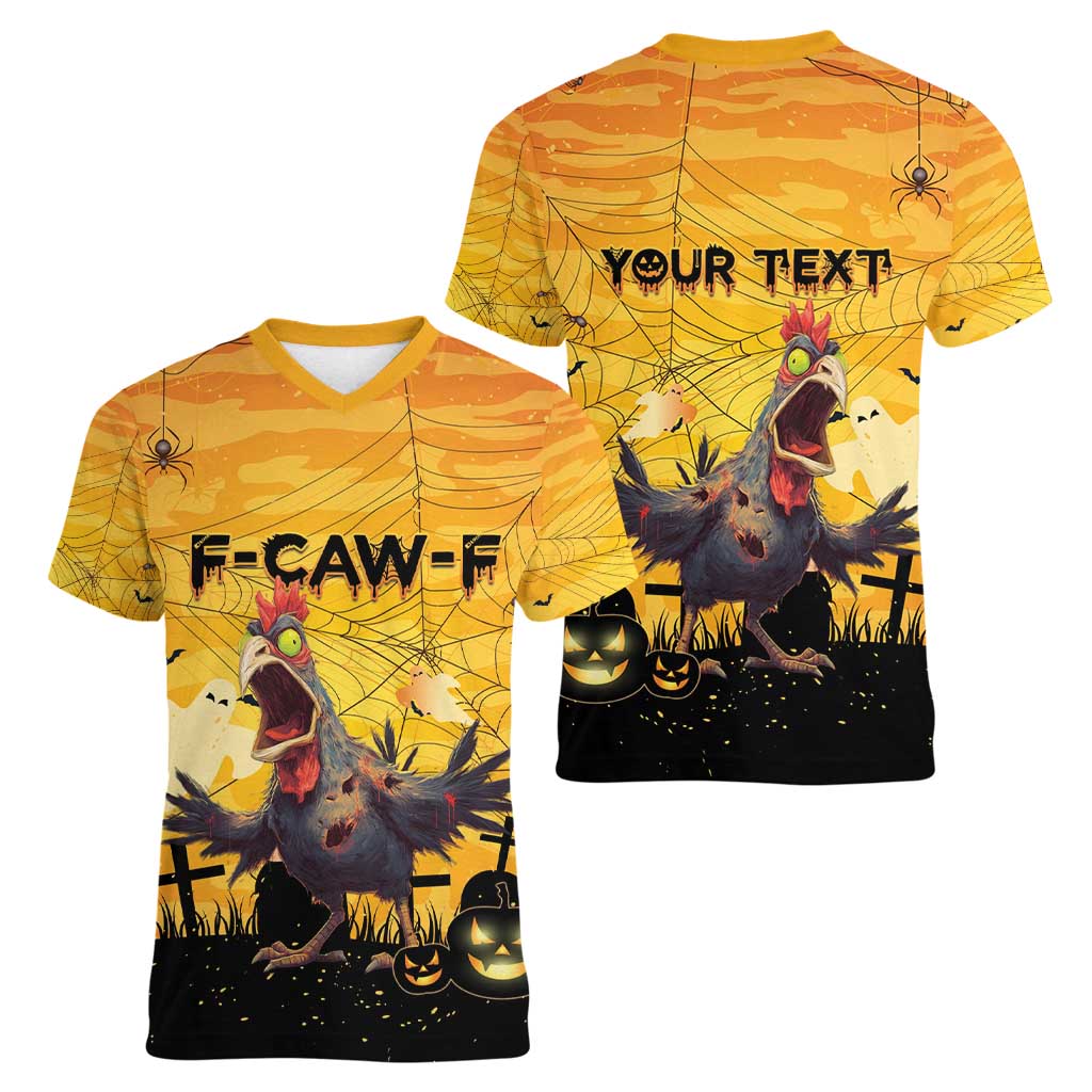 Personalized Funny Halloween Zombie Chicken Women V-Neck T-Shirt F’Caw Scary Poultry - Wonder Print Shop