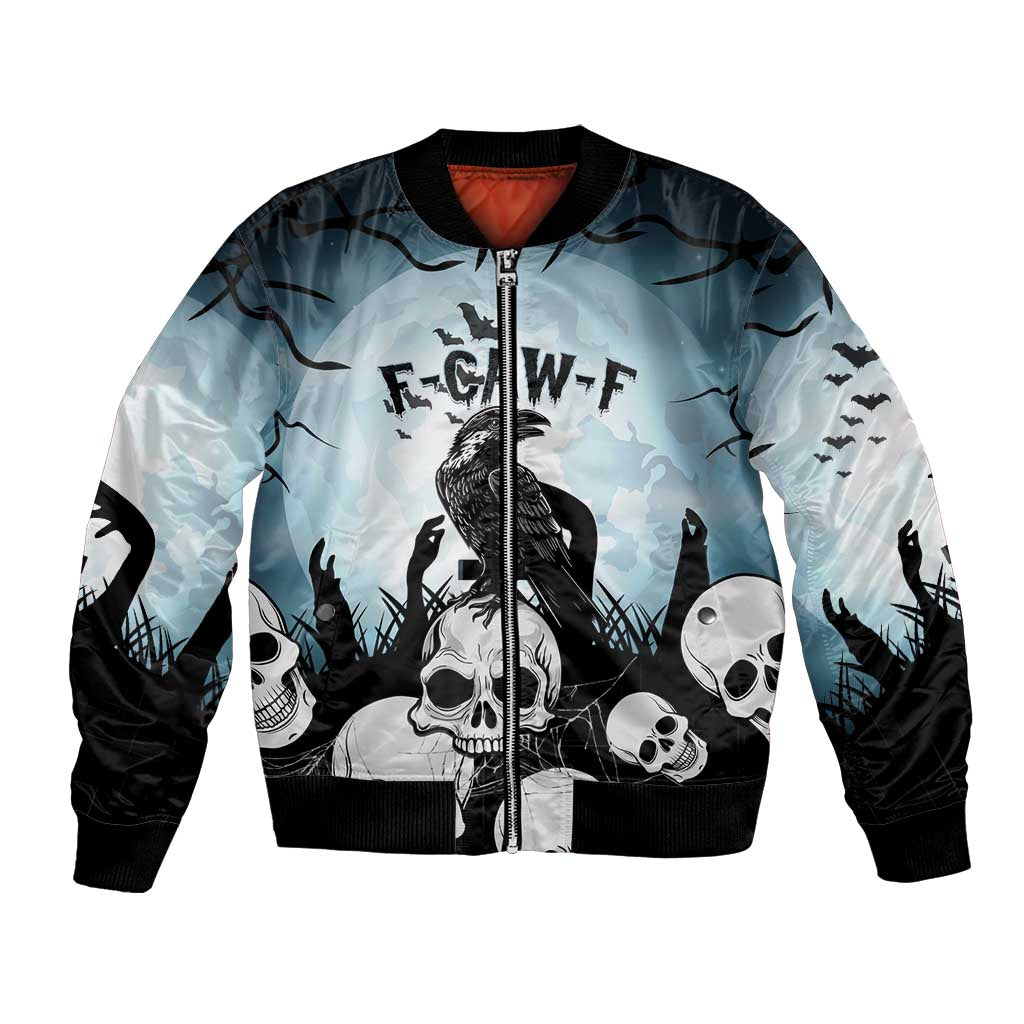 Personalized Funny Halloween F’Caw Raven Bomber Jacket Black Bird Crow With Skulls - Wonder Print Shop