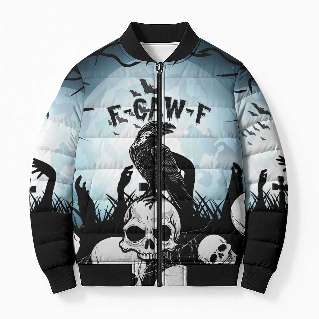 Personalized Funny Halloween F’Caw Raven Bomber Puffer Jacket Black Bird Crow With Skulls - Wonder Print Shop