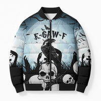 Personalized Funny Halloween F’Caw Raven Bomber Puffer Jacket Black Bird Crow With Skulls - Wonder Print Shop