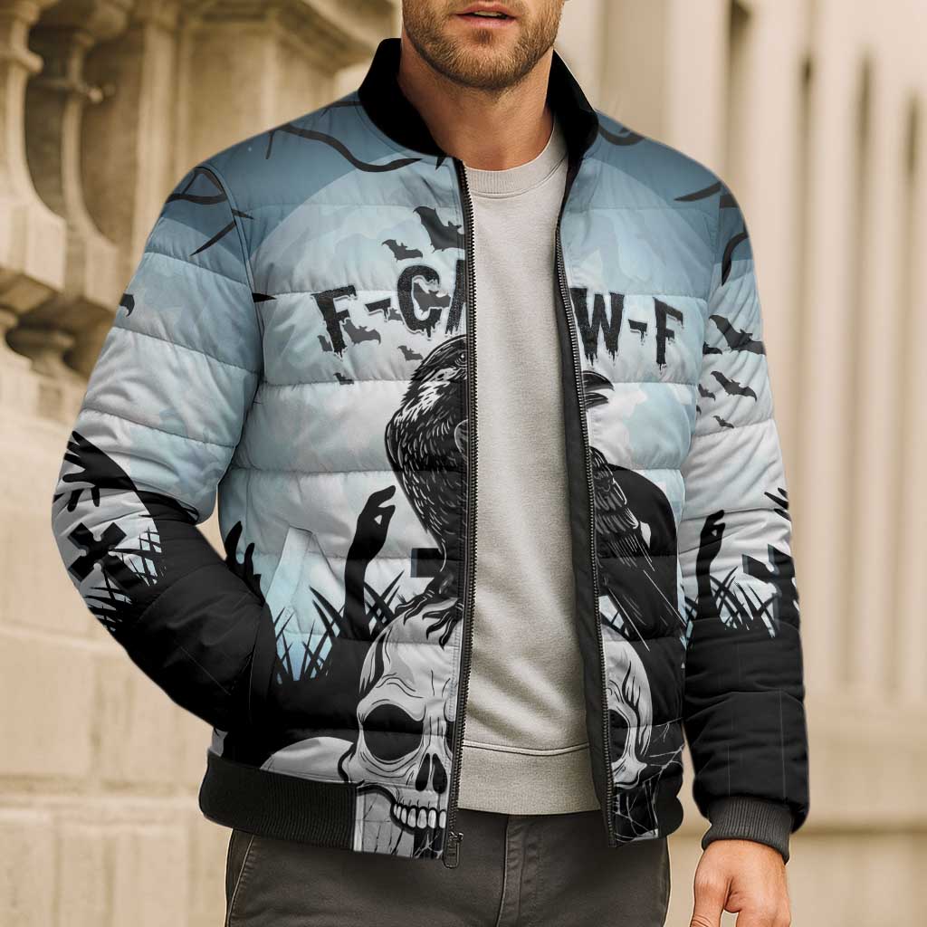 Personalized Funny Halloween F’Caw Raven Bomber Puffer Jacket Black Bird Crow With Skulls - Wonder Print Shop