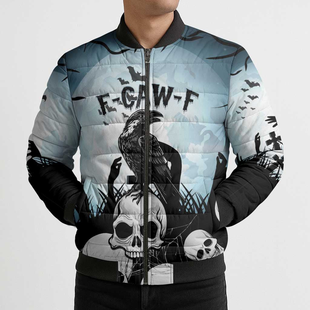 Personalized Funny Halloween F’Caw Raven Bomber Puffer Jacket Black Bird Crow With Skulls - Wonder Print Shop