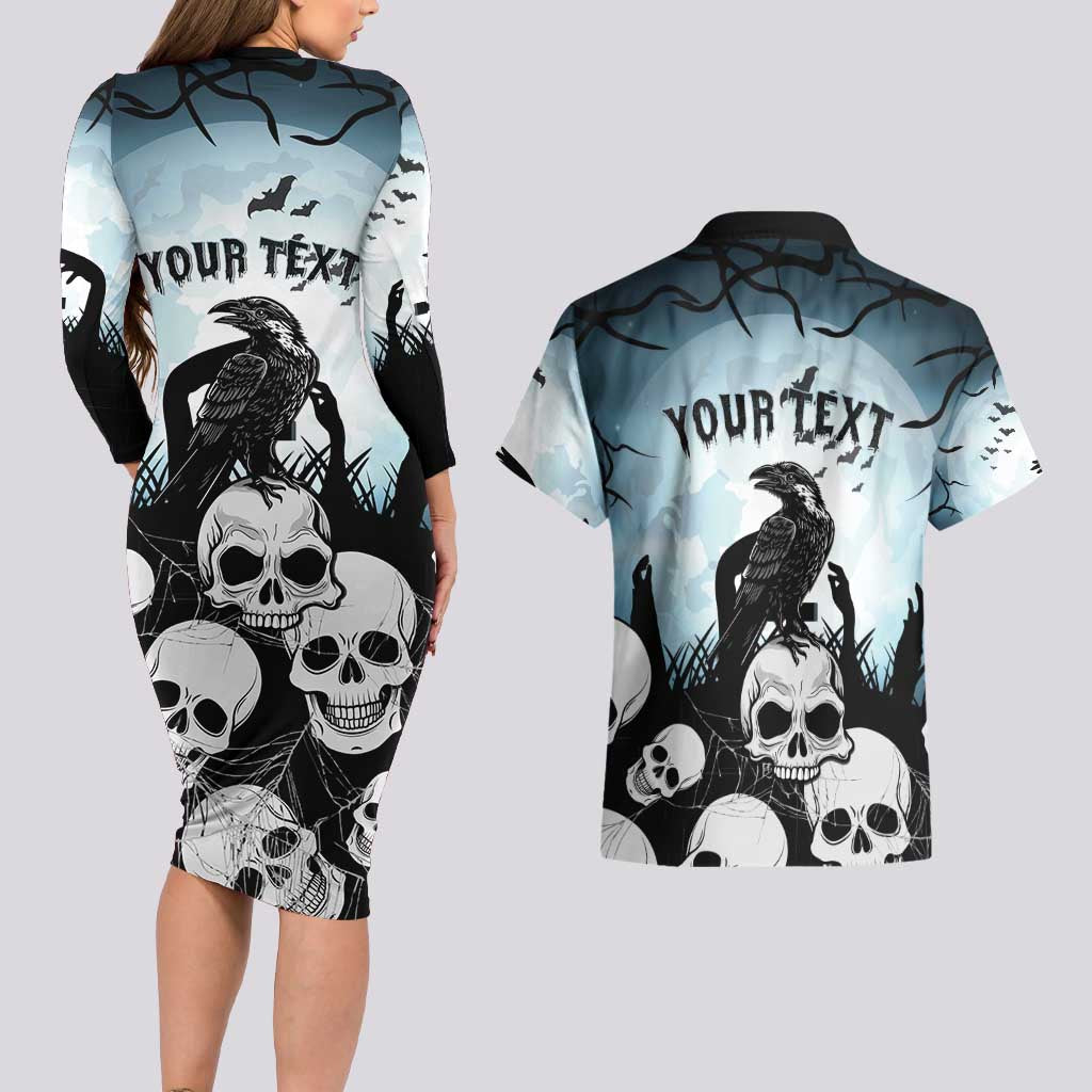 Personalized Funny Halloween F’Caw Raven Couples Matching Long Sleeve Bodycon Dress and Hawaiian Shirt Black Bird Crow With Skulls - Wonder Print Shop