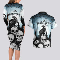 Personalized Funny Halloween F’Caw Raven Couples Matching Long Sleeve Bodycon Dress and Hawaiian Shirt Black Bird Crow With Skulls - Wonder Print Shop