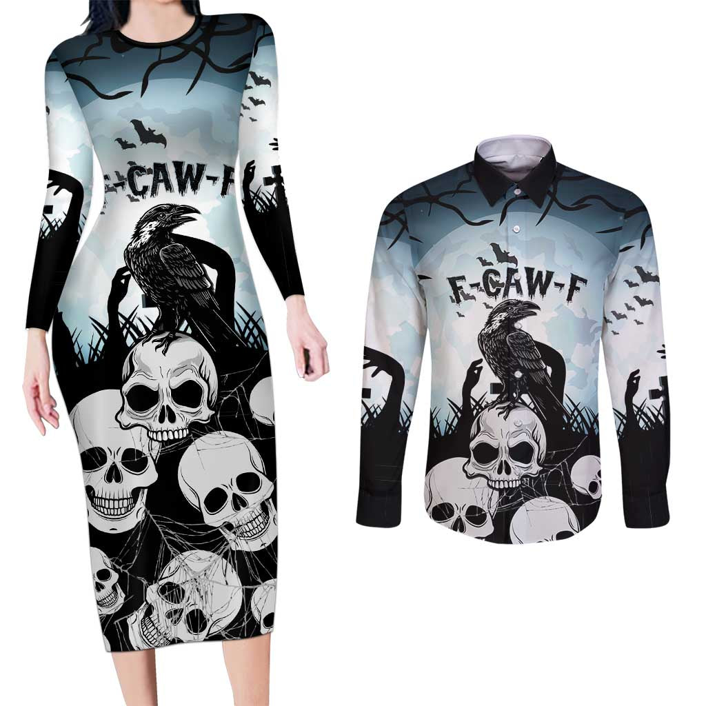 Personalized Funny Halloween F’Caw Raven Couples Matching Long Sleeve Bodycon Dress and Long Sleeve Button Shirt Black Bird Crow With Skulls - Wonder Print Shop