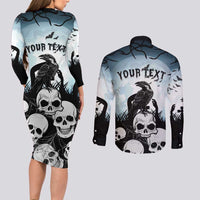 Personalized Funny Halloween F’Caw Raven Couples Matching Long Sleeve Bodycon Dress and Long Sleeve Button Shirt Black Bird Crow With Skulls - Wonder Print Shop