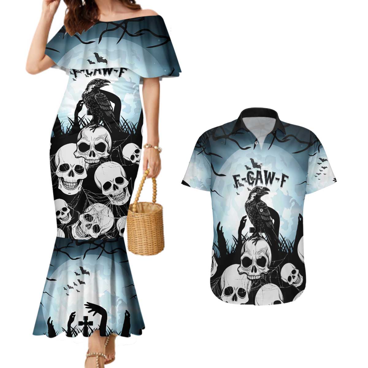 Personalized Funny Halloween F’Caw Raven Couples Matching Mermaid Dress and Hawaiian Shirt Black Bird Crow With Skulls - Wonder Print Shop