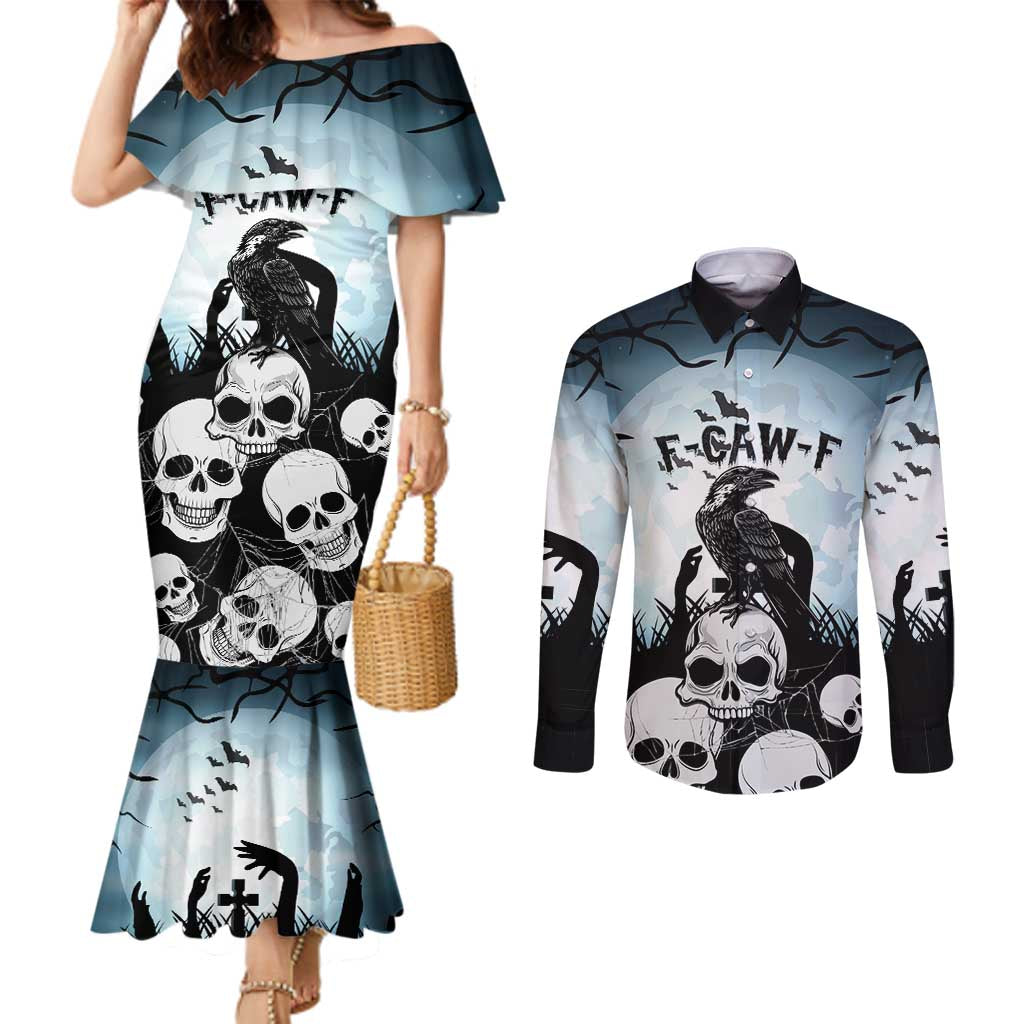 Personalized Funny Halloween F’Caw Raven Couples Matching Mermaid Dress and Long Sleeve Button Shirt Black Bird Crow With Skulls - Wonder Print Shop