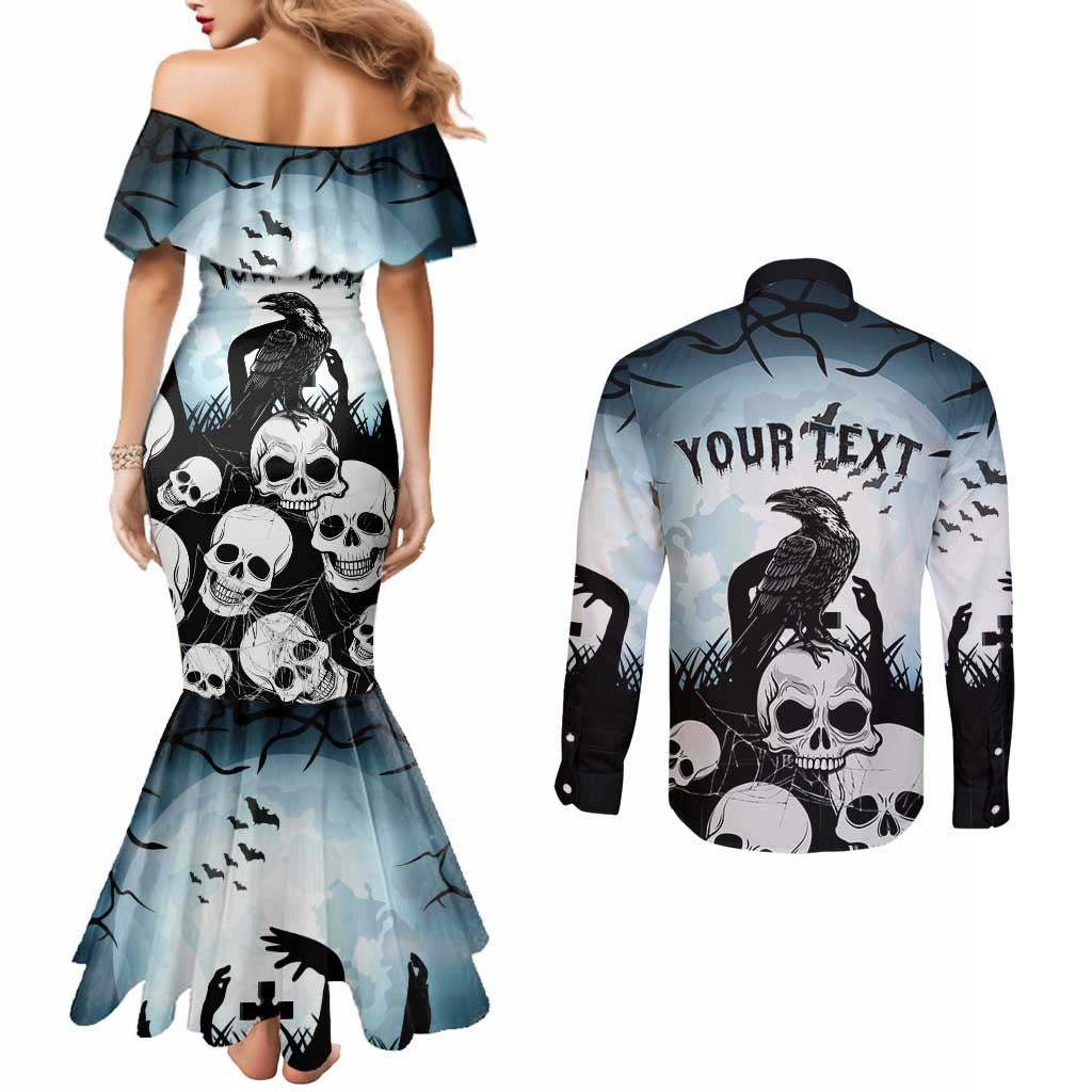 Personalized Funny Halloween F’Caw Raven Couples Matching Mermaid Dress and Long Sleeve Button Shirt Black Bird Crow With Skulls - Wonder Print Shop