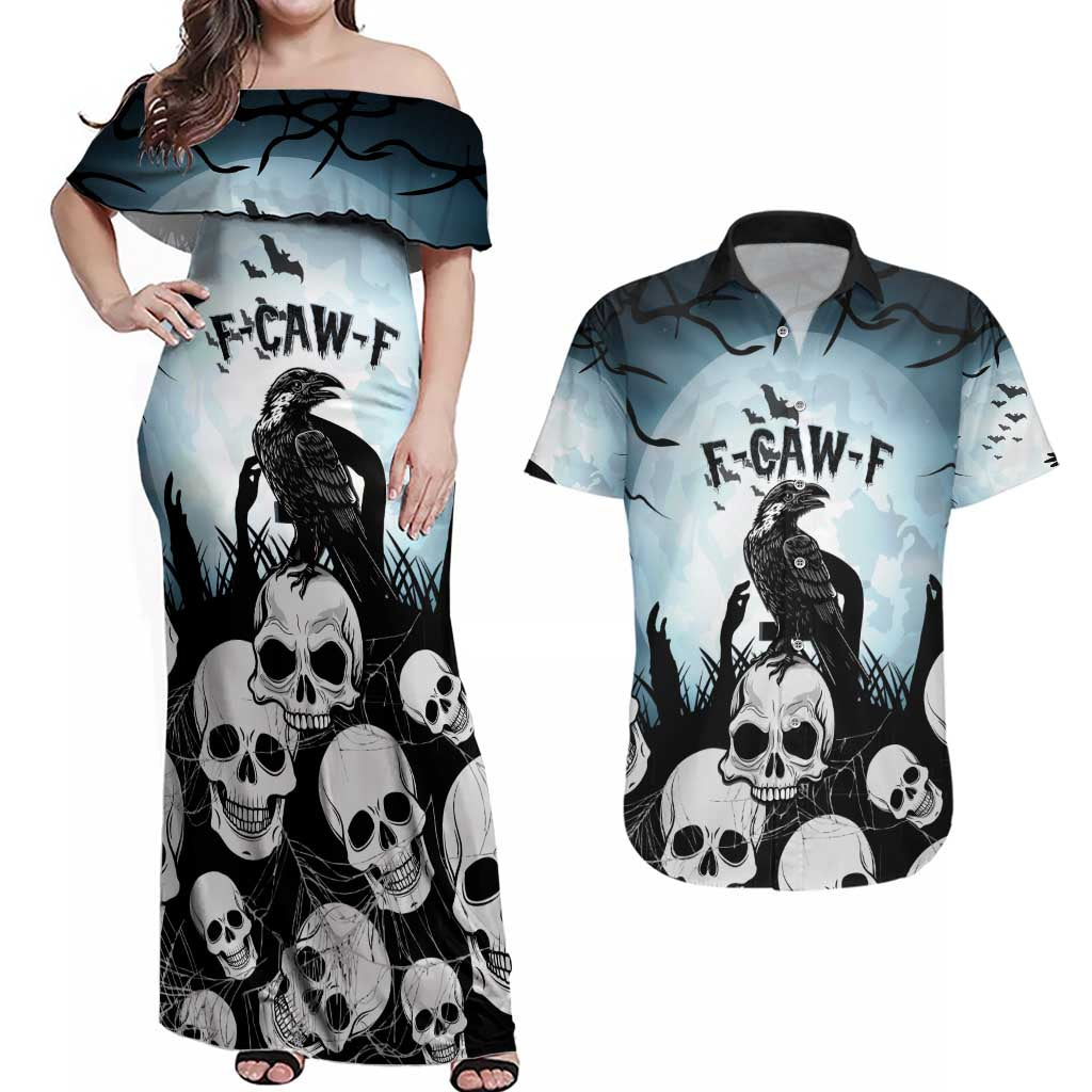 Personalized Funny Halloween F’Caw Raven Couples Matching Off Shoulder Maxi Dress and Hawaiian Shirt Black Bird Crow With Skulls - Wonder Print Shop