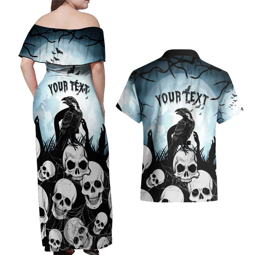 Personalized Funny Halloween F’Caw Raven Couples Matching Off Shoulder Maxi Dress and Hawaiian Shirt Black Bird Crow With Skulls - Wonder Print Shop