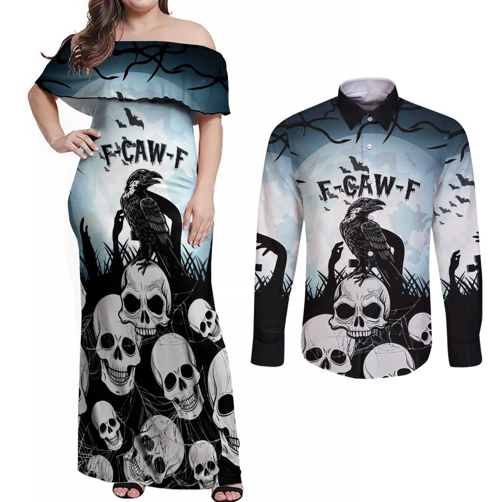 Personalized Funny Halloween F’Caw Raven Couples Matching Off Shoulder Maxi Dress and Long Sleeve Button Shirt Black Bird Crow With Skulls - Wonder Print Shop