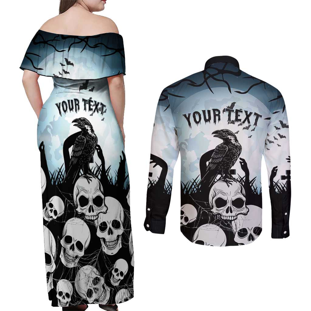 Personalized Funny Halloween F’Caw Raven Couples Matching Off Shoulder Maxi Dress and Long Sleeve Button Shirt Black Bird Crow With Skulls - Wonder Print Shop