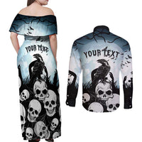 Personalized Funny Halloween F’Caw Raven Couples Matching Off Shoulder Maxi Dress and Long Sleeve Button Shirt Black Bird Crow With Skulls - Wonder Print Shop